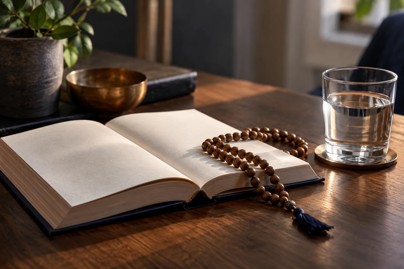 Illustrative scene: prayer beads resting on an open book