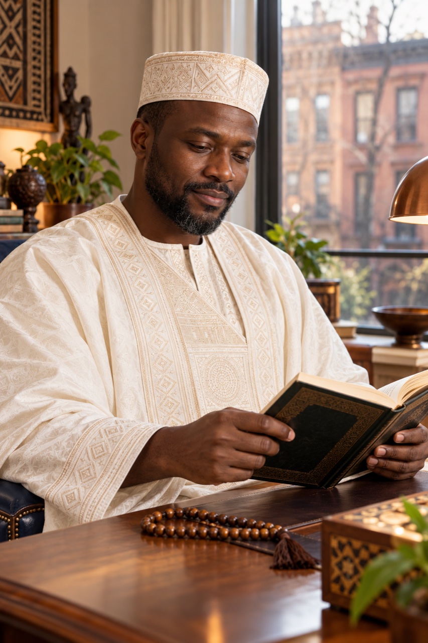 Mr Moriba reading a prayer book at his desk